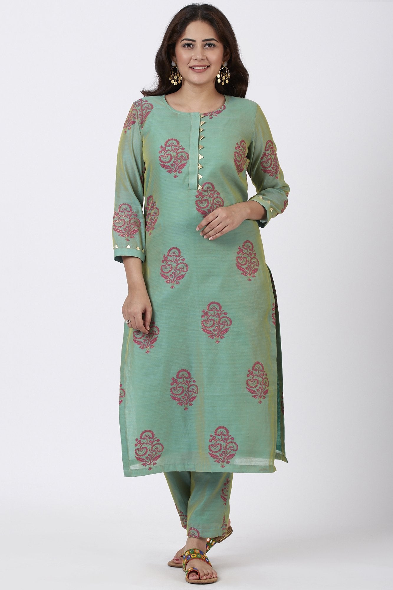 Teal Green Block Printed Straight Kurti with Straight Palazzo – anokherang