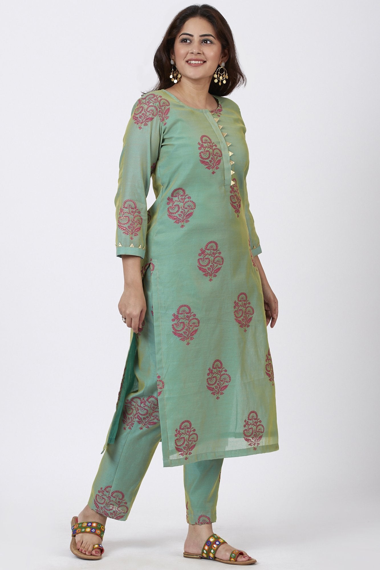 Teal Green Block Printed Straight Kurti with Straight Palazzo – anokherang