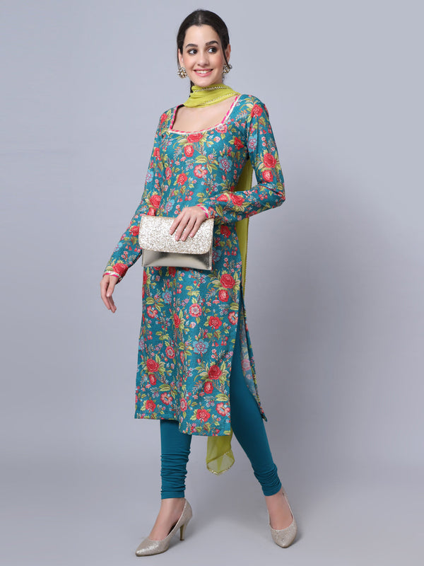 anokherang Combos Teal Green Floral Gota Kurti with Churidaar and Chiffon Dupatta