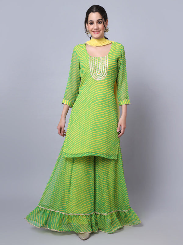 anokherang Combos Trendy Leheriya Kurti with Frilled Palazzo and Dupatta