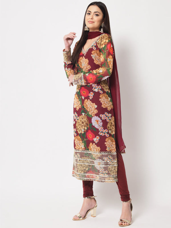 anokherang Combos Wine Floral Printed Embroidered Kurti with Churidaar and Dupatta