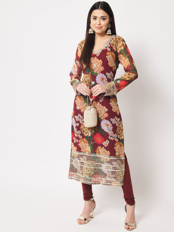 anokherang Combos Wine Floral Printed Embroidered Kurti with Churidar