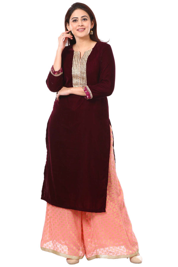 anokherang Combos Wine Purple Velvet Kurta with Pink Kalidar Palazzo