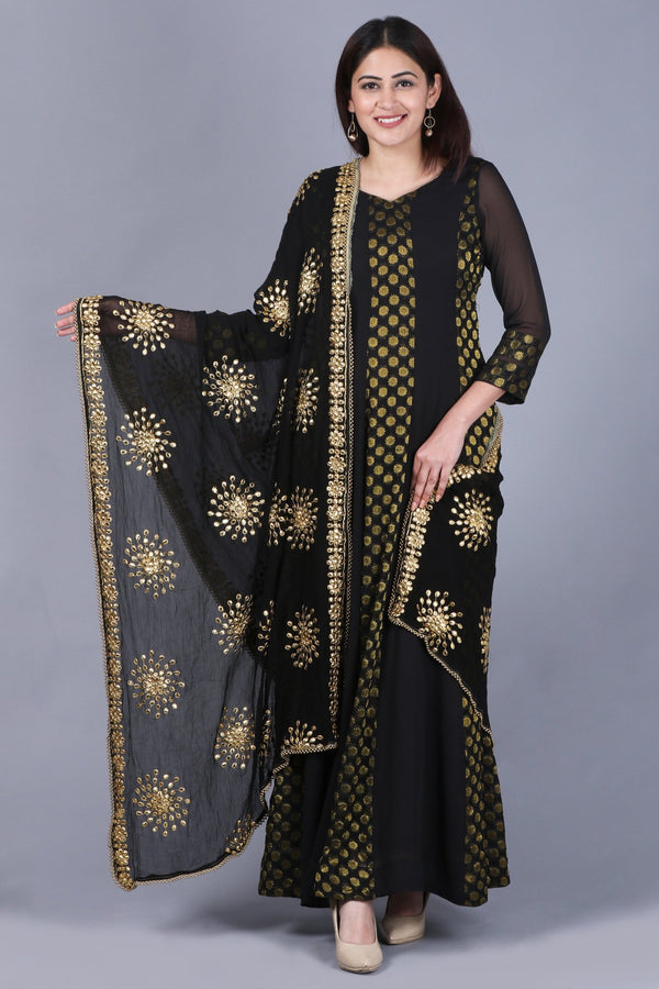 anokherang Combos XS Black Gold Banarsi FloorLength Kurti with Black Gotta Embroidered Dupatta