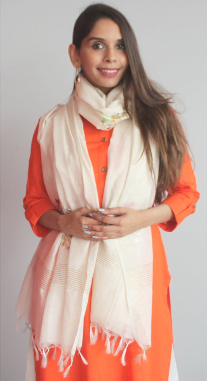 anokherang Combos XS Freedom Orange Straight Kurti with Birds Embroidered Palazzo and Off-white Birds Dupatt