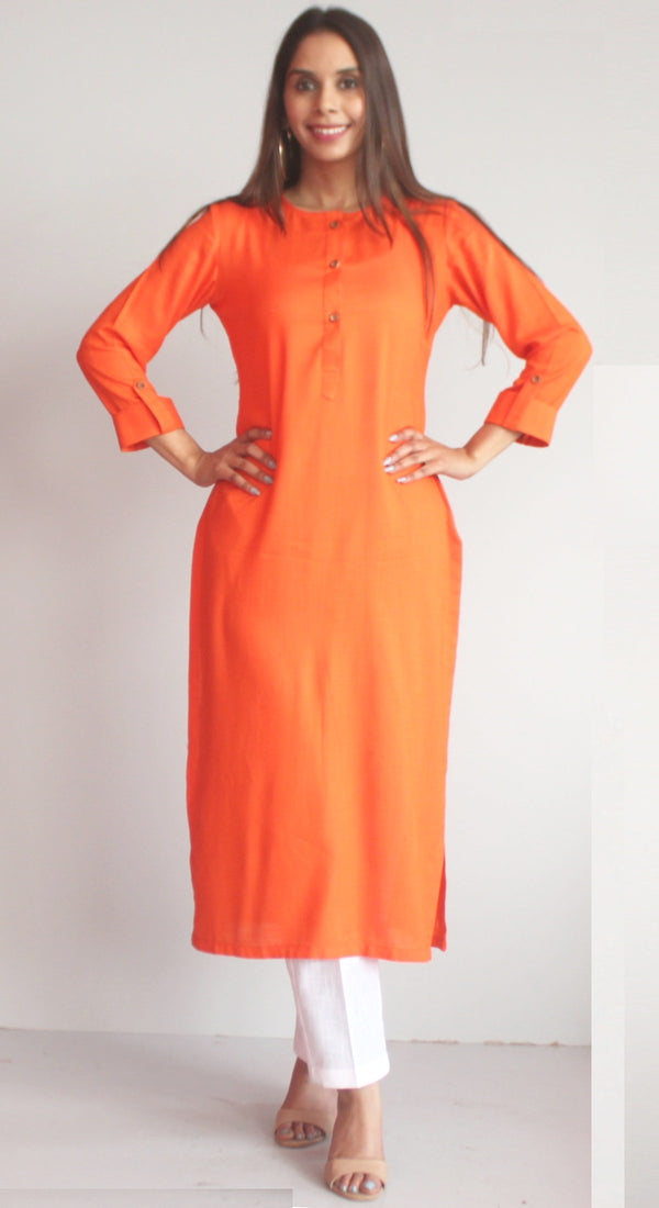 anokherang Combos XS Freedom Orange Straight Kurti with White Straight Pants