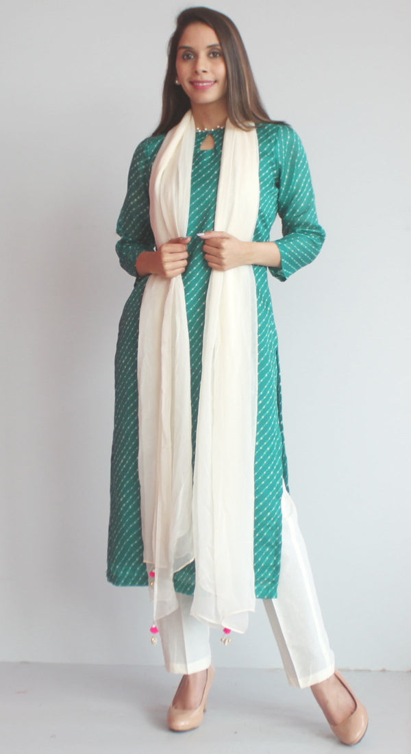 anokherang Combos XS Green Kota Leheriya Kurti with Straight Pants and OffWhite Chiffon Dupatta