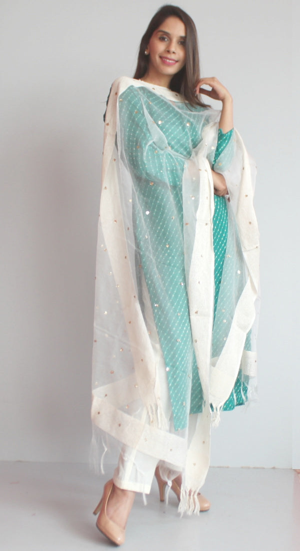 anokherang Combos XS Green Kota Leheriya Kurti with Straight Pants and Offwhite Sequenced Dupatta