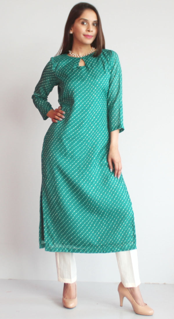 anokherang Combos XS Green Kota Leheriya Straight Kurti with Pants