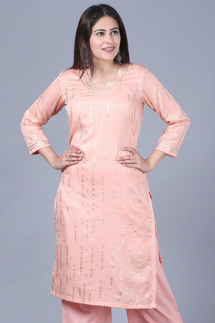 anokherang Combos XS Imperial Peach Foil Printed Straight Kurti with Straight Palazzos