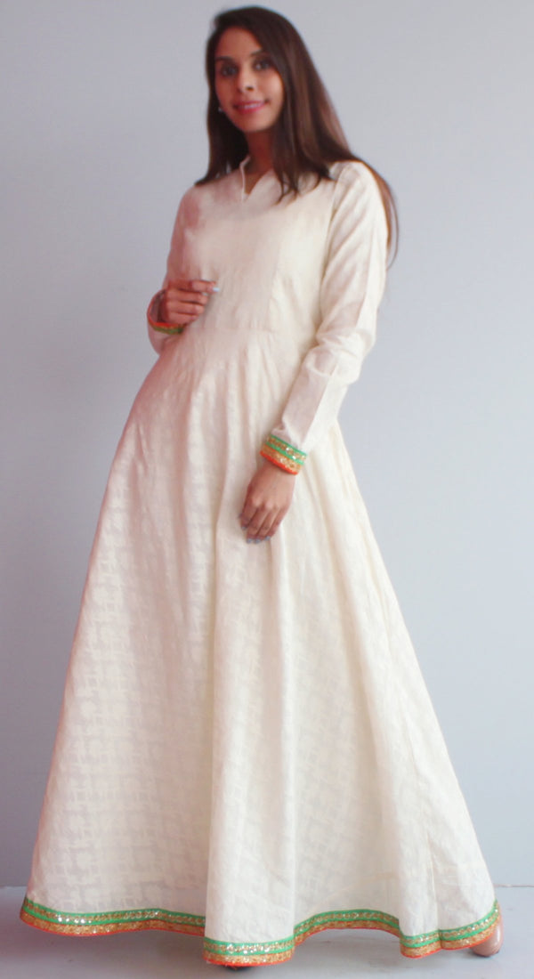 anokherang Combos XS Off-White Self Work Floor Length Kurti