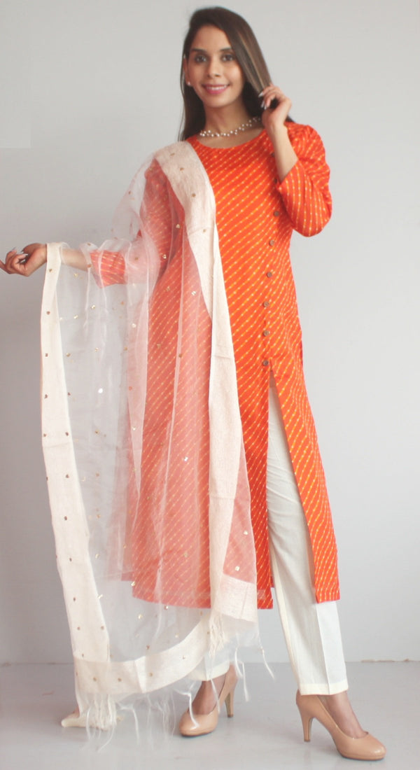 anokherang Combos XS Orange Kota Leheriya Side Buttoned Kurti with Straight Pants and OffWhite Sequenced Dupatta