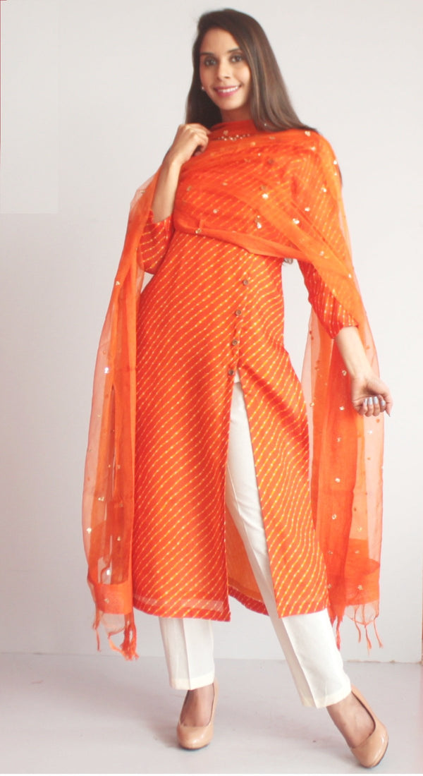 anokherang Combos XS Orange Kota Leheriya Side Buttoned Kurti with Straight Pants and Orange Sequenced Dupatta