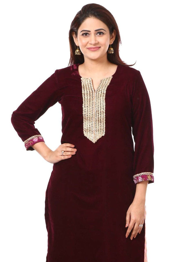 anokherang Combos XS Wine Purple Velvet Kurti