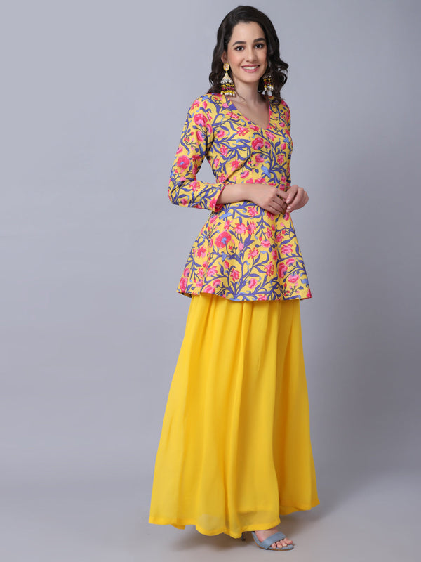 anokherang Combos Yellow Floral Peplum Kurti with Gathered Palazzo