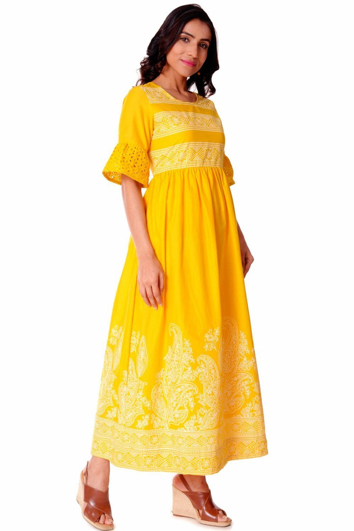 Yellow Ruffled Sleeves Gathered Dress – anokherang