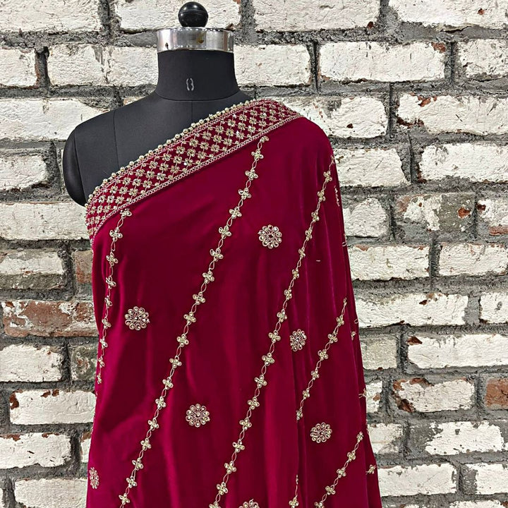 anokherang Dupattas Bridal Glam Pink Stone Hand Embroidered Velvet Dupatta