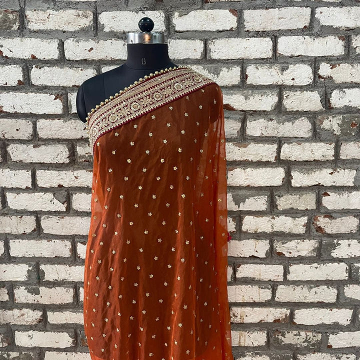 anokherang Dupattas Bridal Pakeeza Rust Sequin Embroidered Organza Dupatta