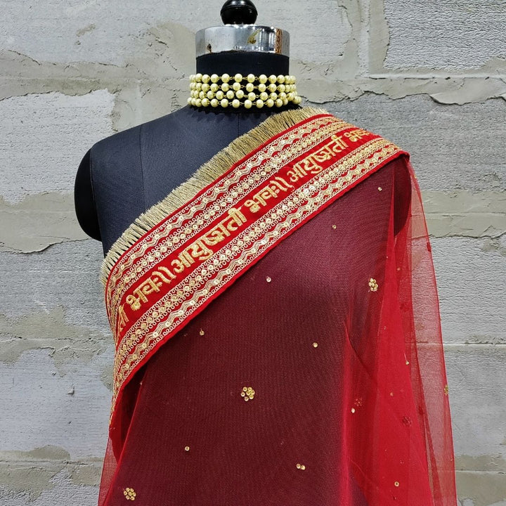 anokherang Dupattas Bridal Red Stone Ayushmati Embroidered Fringed Net Dupatta