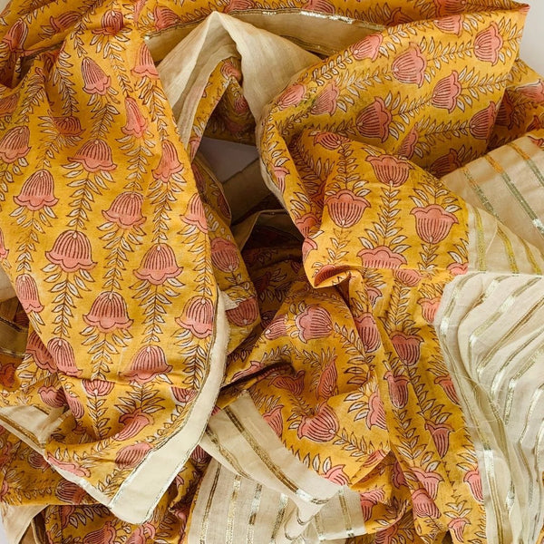 anokherang Dupattas Mustard Printed Gota Cotton Dupatta