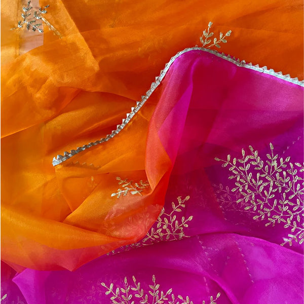 anokherang Dupattas Orange Magenta Festive Embroidered Organza Dupatta