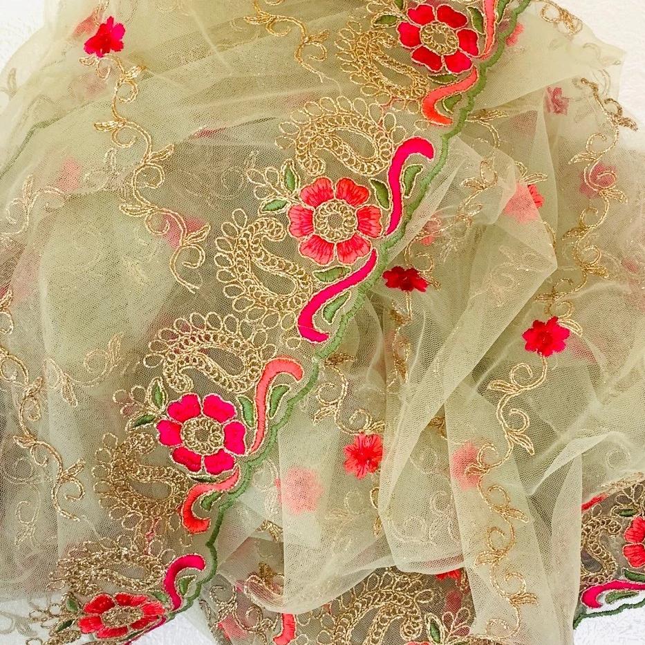 Pastel Green Colorful Floral Embroidered Net Dupatta – anokherang