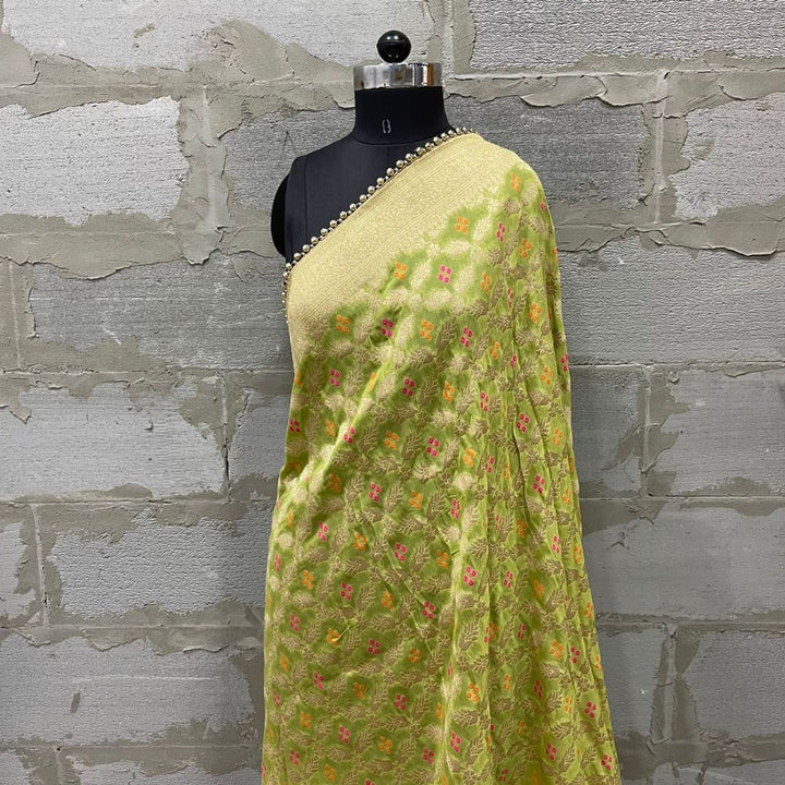 anokherang Dupattas Pista Green Bandhej Georgette Banarsi Dupatta