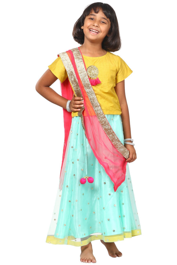 anokherang Kids Dress Lime Green Blue Sequenced Lehenga Choli with Net Sequenced Dupatta