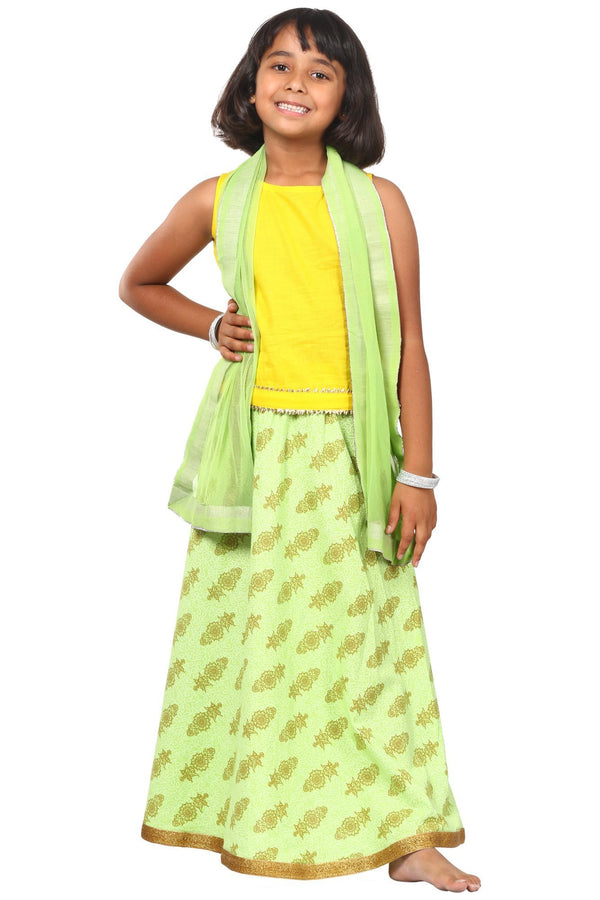 anokherang Kids Dress Yellow Green Printed Lehenga Choli Dupatta