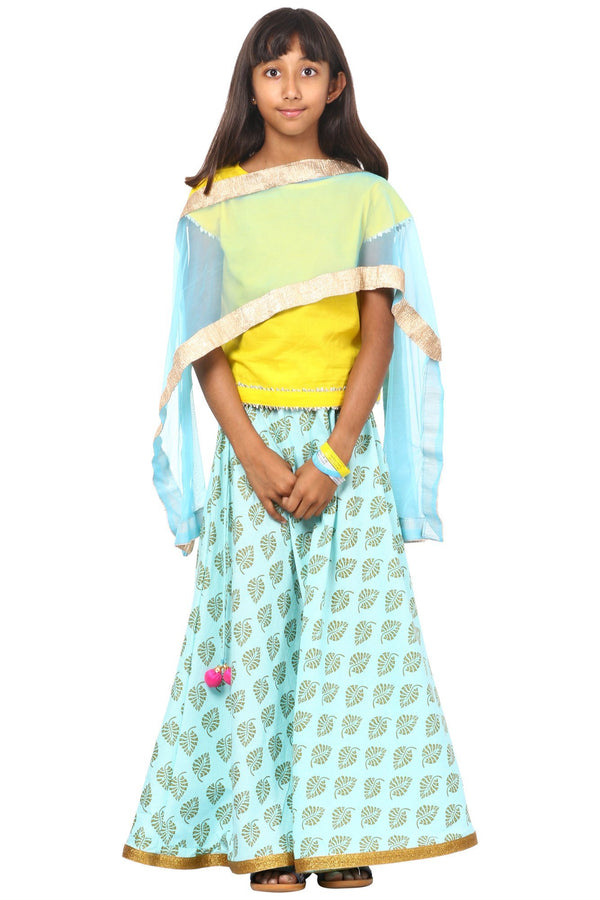 anokherang Kids Dress Yellow Sky Blue Printed Lehenga Choli with Net Dupatta