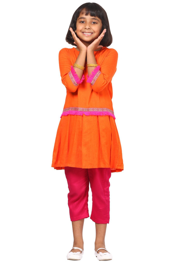 anokherang Kids Suits Orange Pink Pleated Kurti with Pants