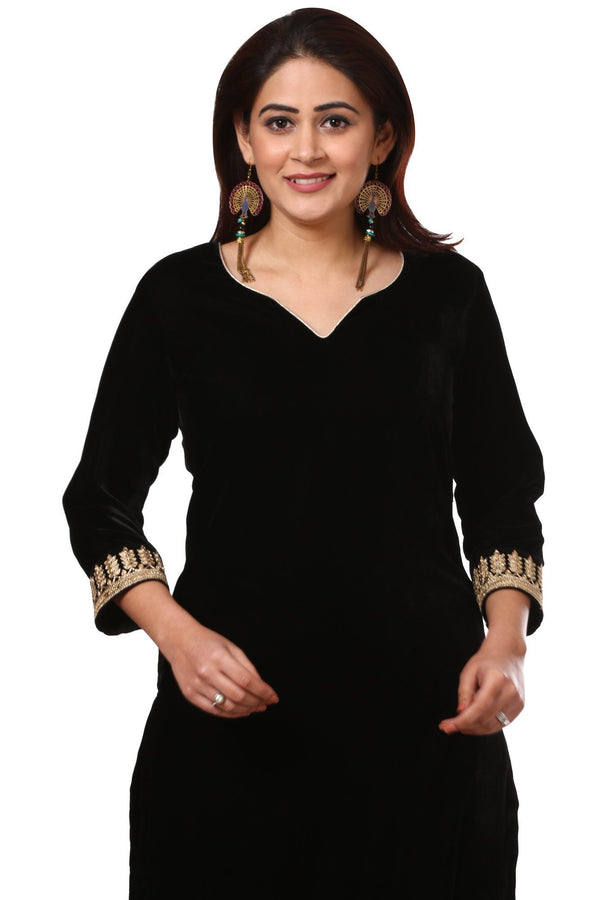 anokherang Combos Festive Black Straight Velvet Kurta with Black Leggings