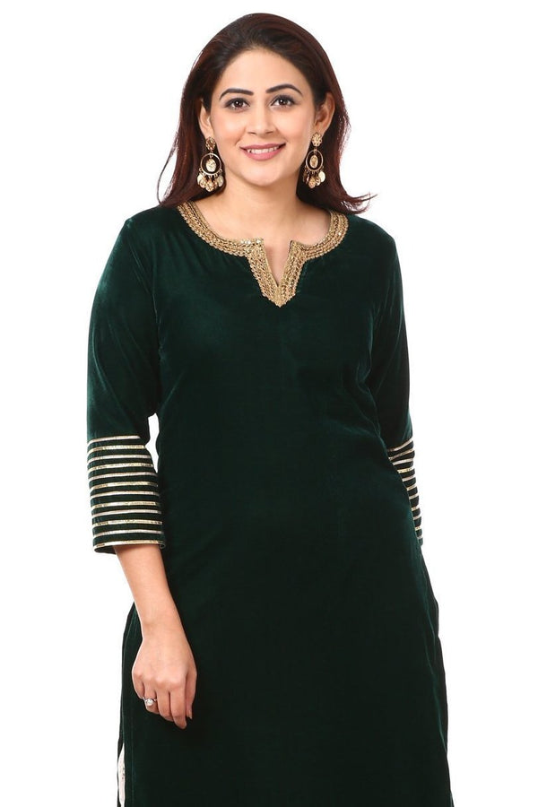 anokherang Kurtis Forest Green Velvet Kurti