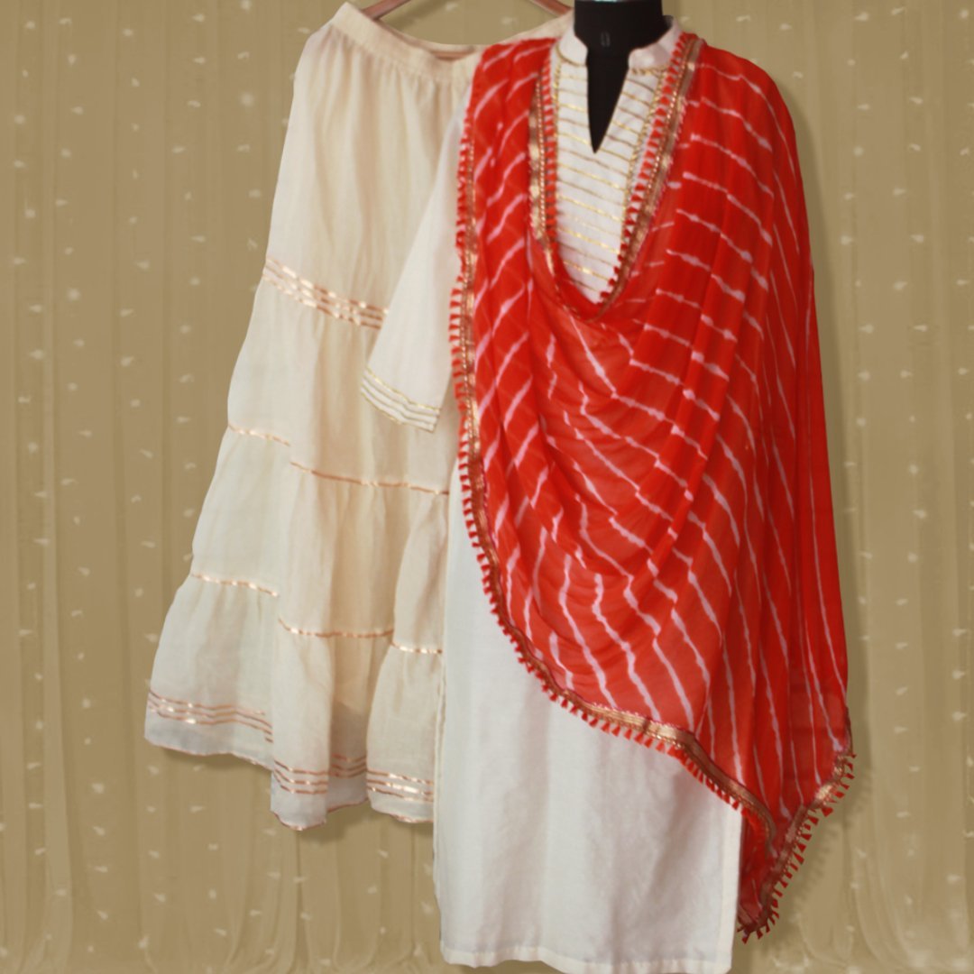 OffWhite Shine Kurti with Gathered Sharara and Orange Leheriya Dupatta ...