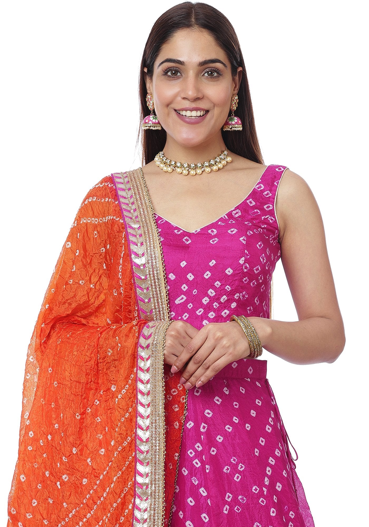 Orange Pink Crop Top Lehenga - Indian Dresses