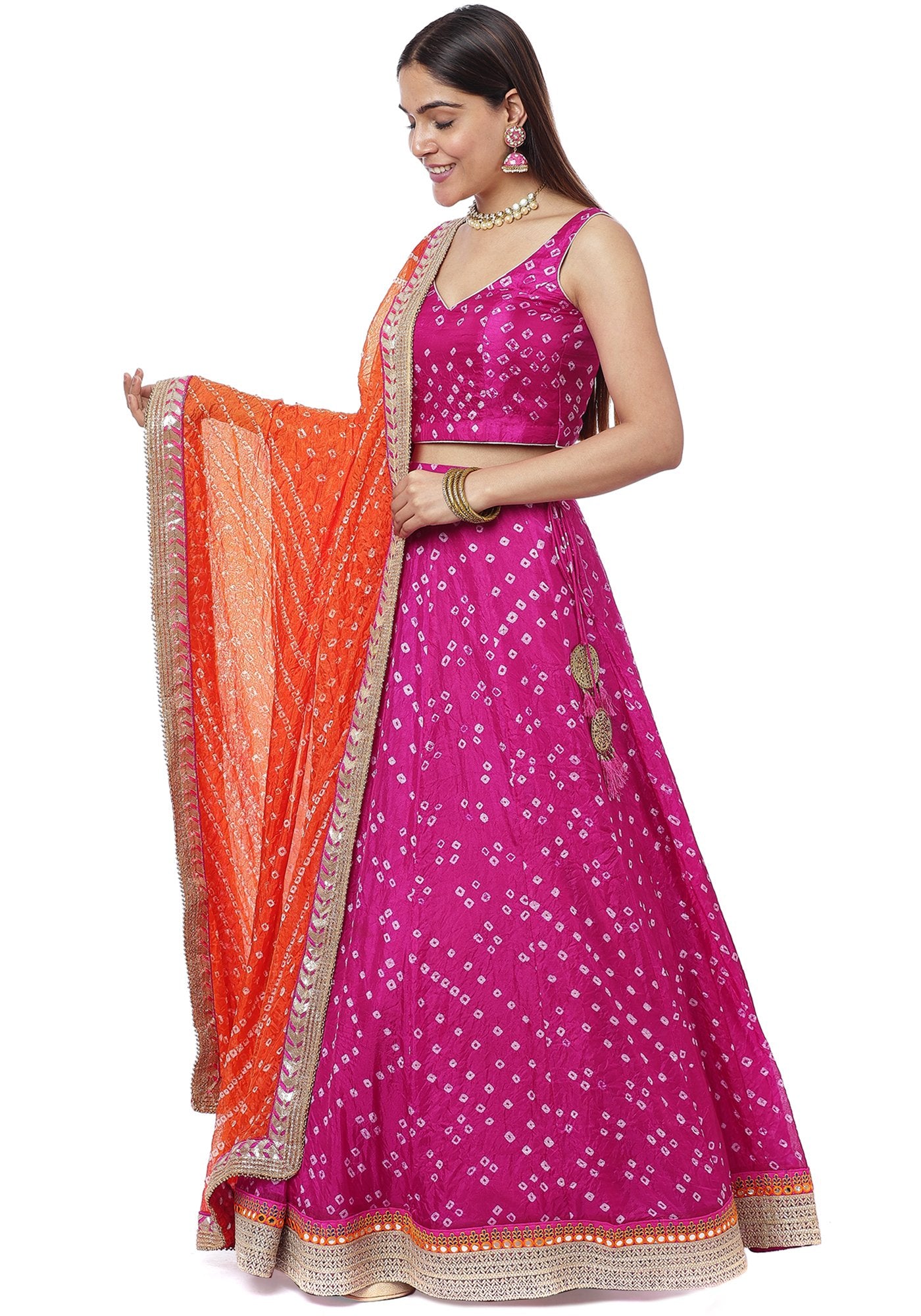 anokherang lehenga pink bandhani lehenga choli with orange bandhani dupatta 30103161307295