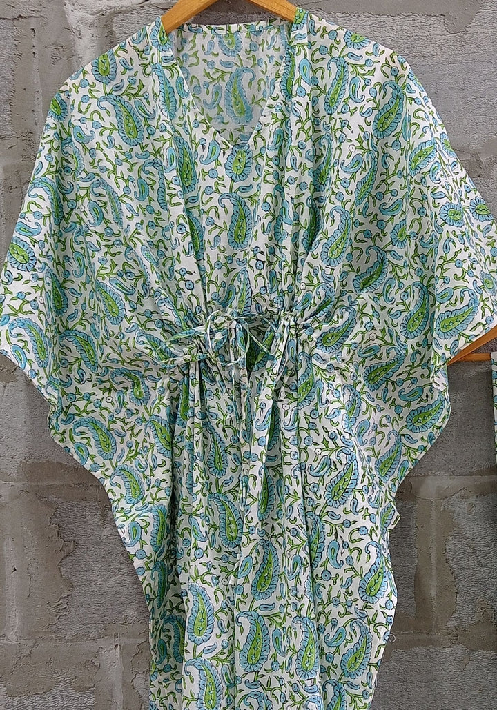 anokherang Leisure Wear Aurora Blue And Green Floral Printed Kaftan Set