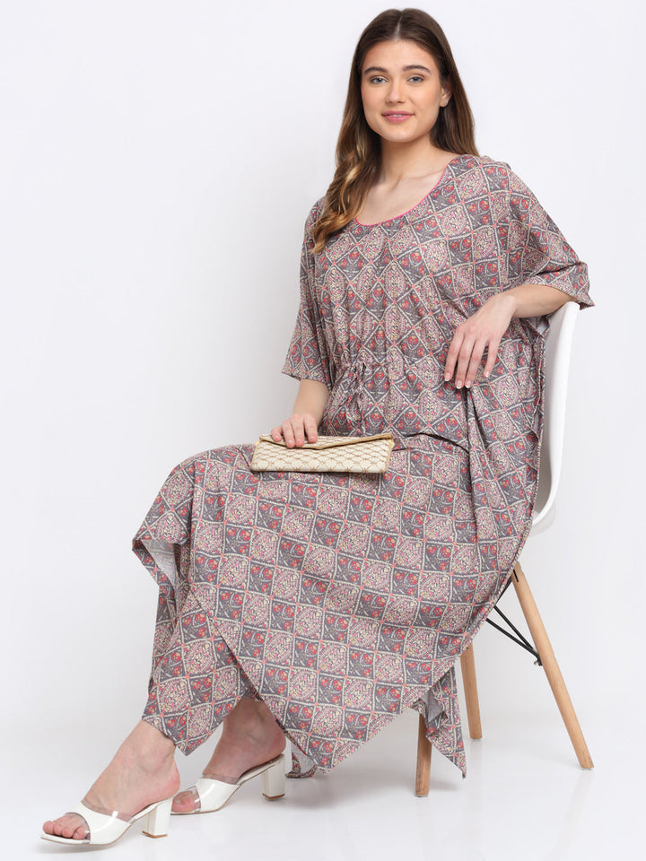 anokherang Leisure Wear Flowy Grey Printed Kaftan with Straight Pants