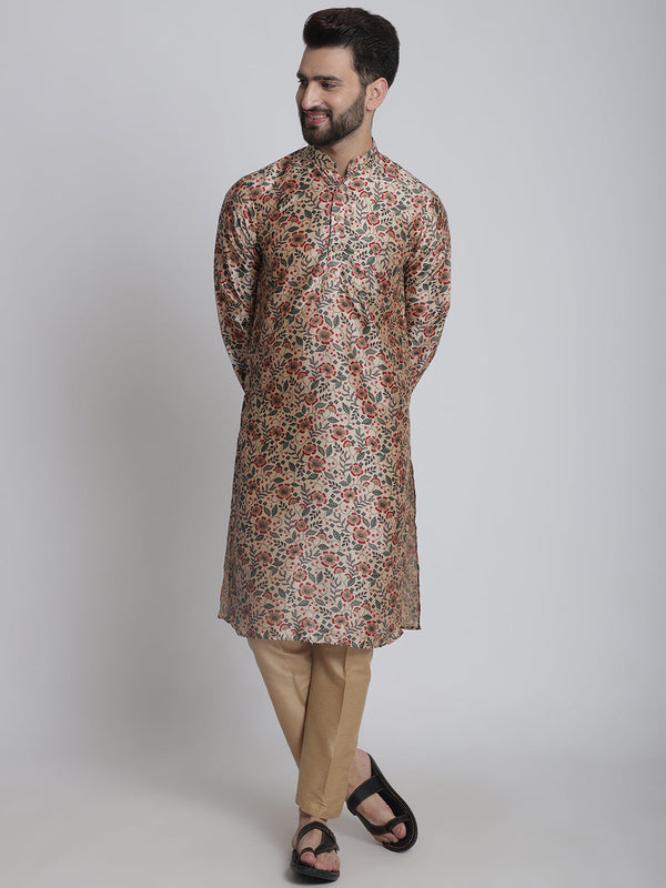 anokherang LKurtas Beige Floral Printed Silk Men Kurta Pajama