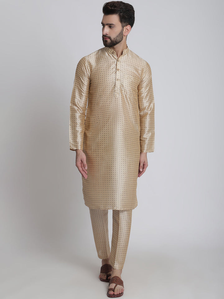 anokherang LKurtas Beige Polka Printed Silk Men Kurta Pajama