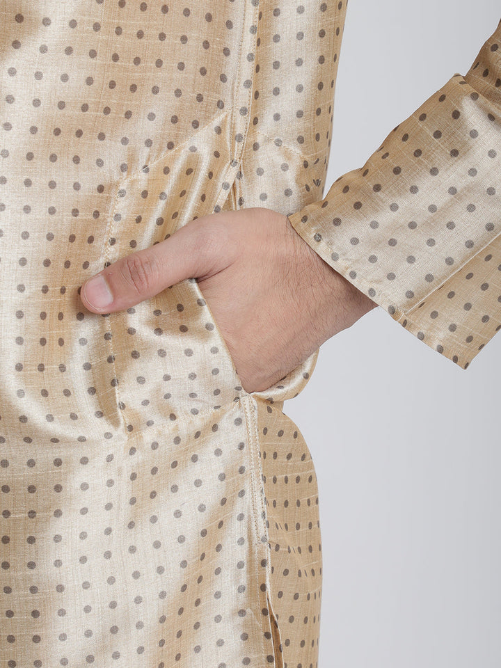 anokherang LKurtas Beige Polka Printed Silk Men Kurta Pajama