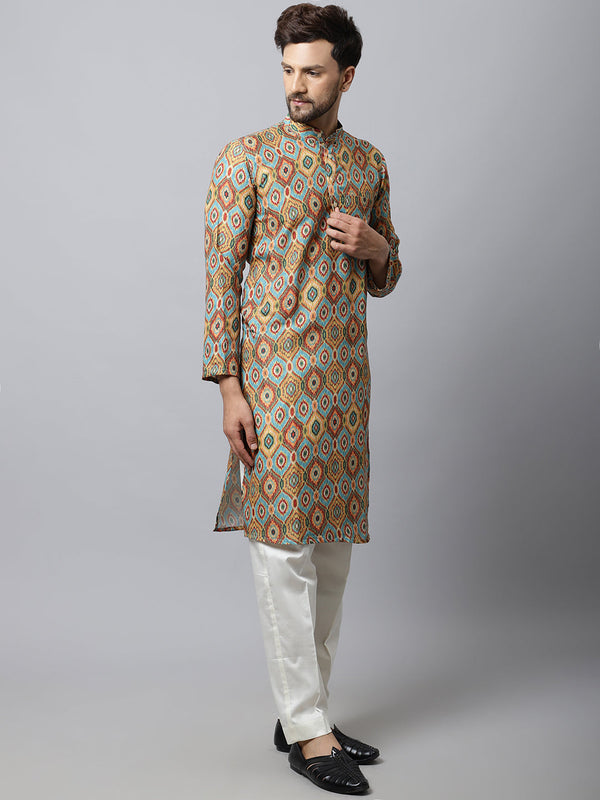 anokherang LKurtas Blue Yellow Silk Men Kurta