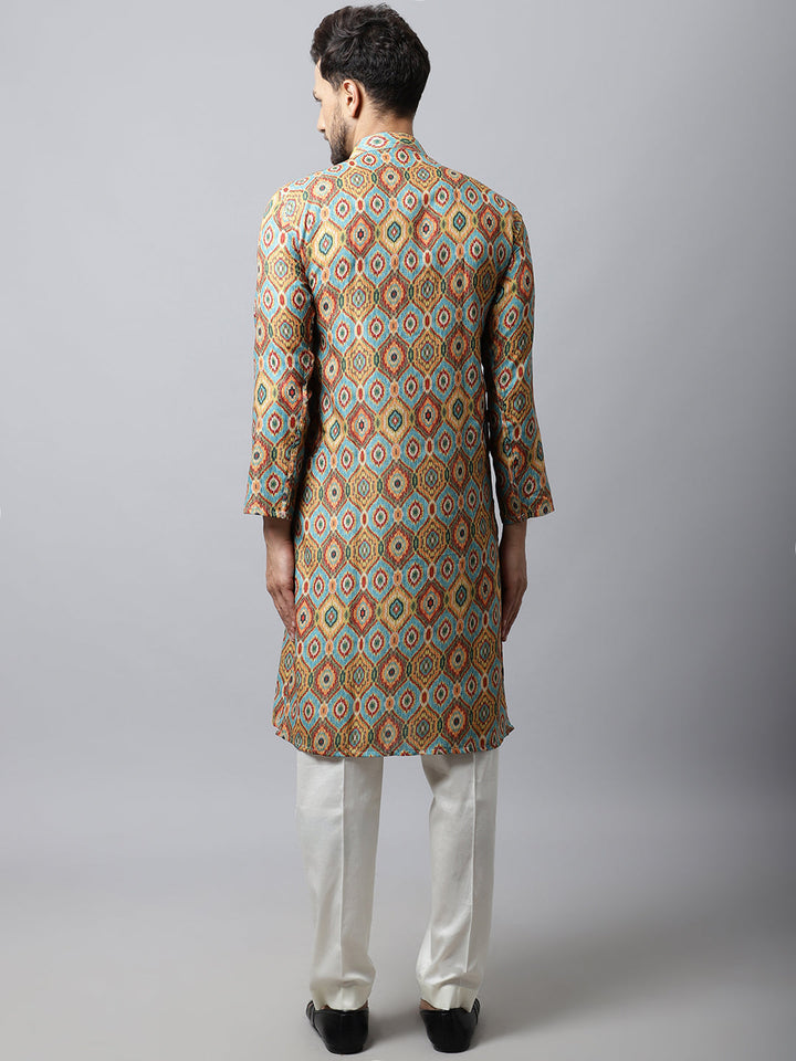 anokherang LKurtas Blue Yellow Silk Men Kurta Pajama