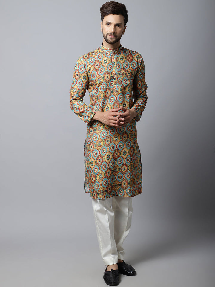 anokherang LKurtas Blue Yellow Silk Men Kurta Pajama