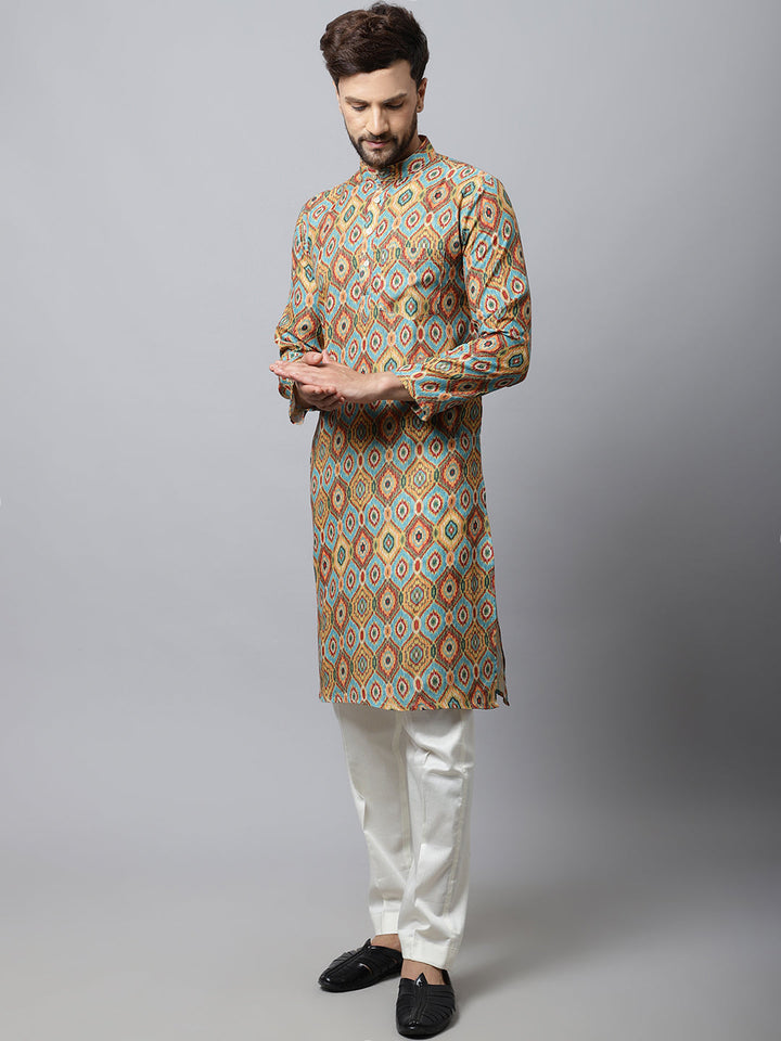 anokherang LKurtas Blue Yellow Silk Men Kurta Pajama