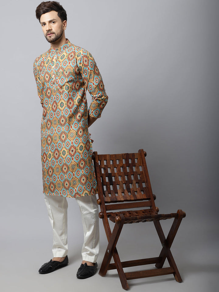 anokherang LKurtas Blue Yellow Silk Men Kurta Pajama