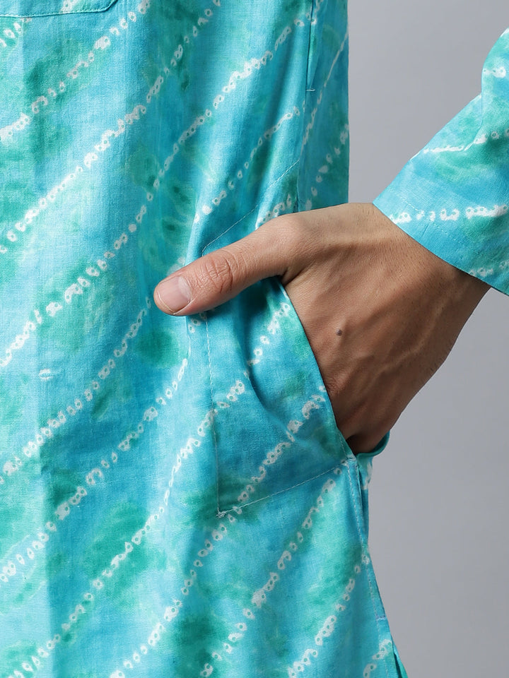 anokherang LKurtas Firozi Blue Bandhani Men Kurta Pajama