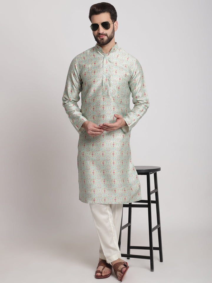 anokherang LKurtas Green Ethnic Printed Silk Men Kurta