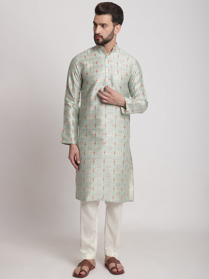 anokherang LKurtas Green Ethnic Printed Silk Men Kurta