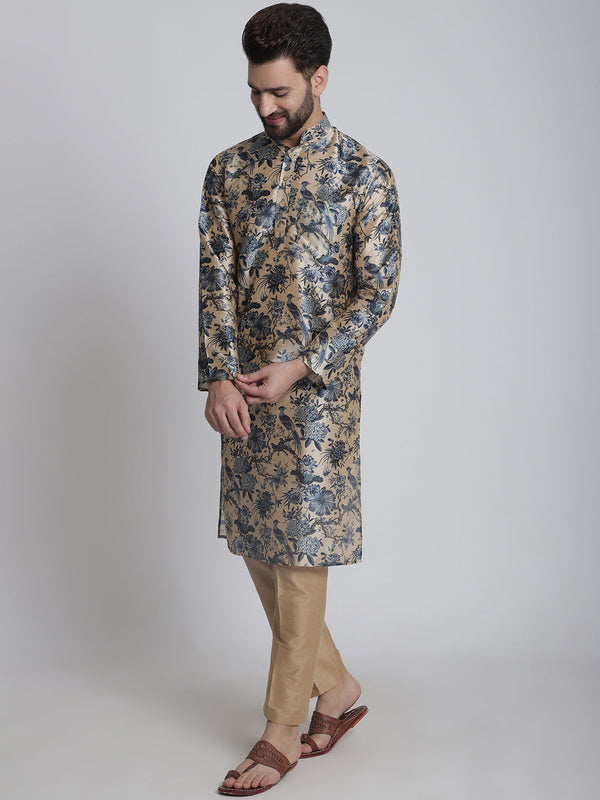 anokherang LKurtas Ice Gray Printed Silk Men Kurta Pajama